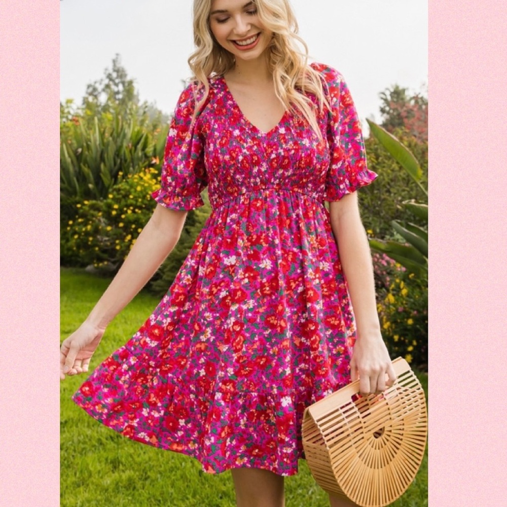 New! Floral Print Baby Doll Dress in Hot Pink 💕